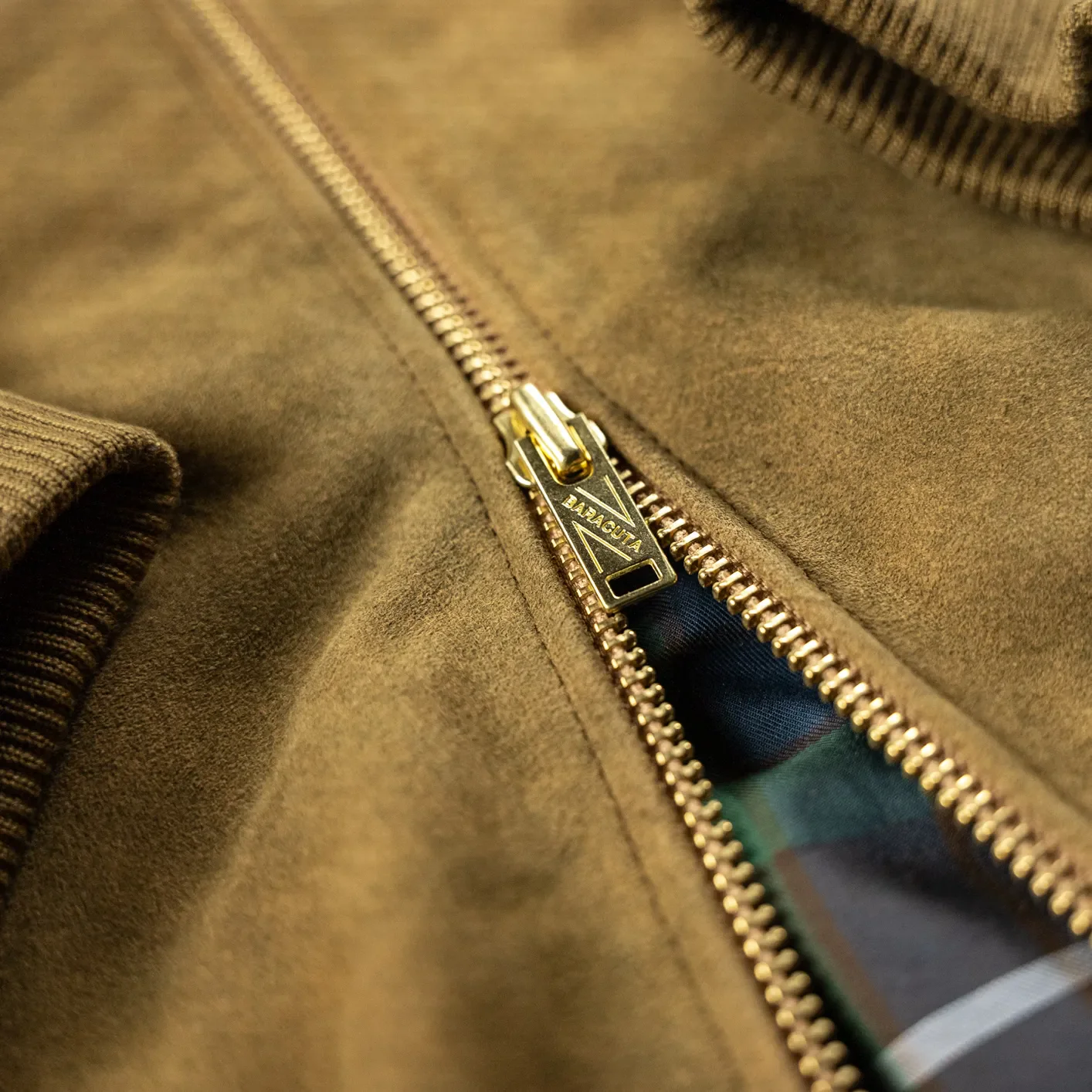 Baracuta G9 Antique Suede Leather Track Jacket – Barley Brown - Image 4