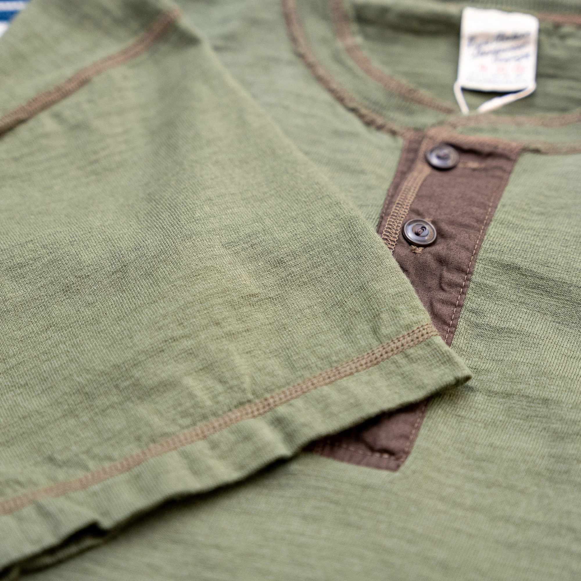 Buzz Rickson’s Loopwheeled Slub Yarn Henley T-Shirt – Olive - Image 3