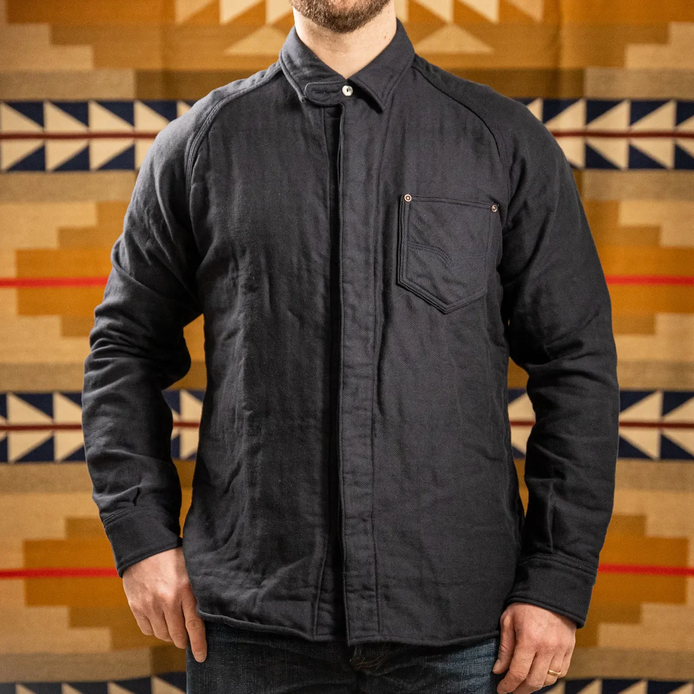 Deluxeware 1940s ‘Native Border’ Triple-Layer Flannel Shirt – Navy