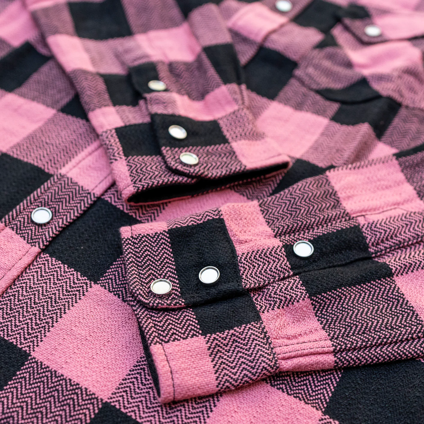 The Flat Head Block Check Selvedge Flannel Western Shirt – Pink / Black Herringbone - Image 4