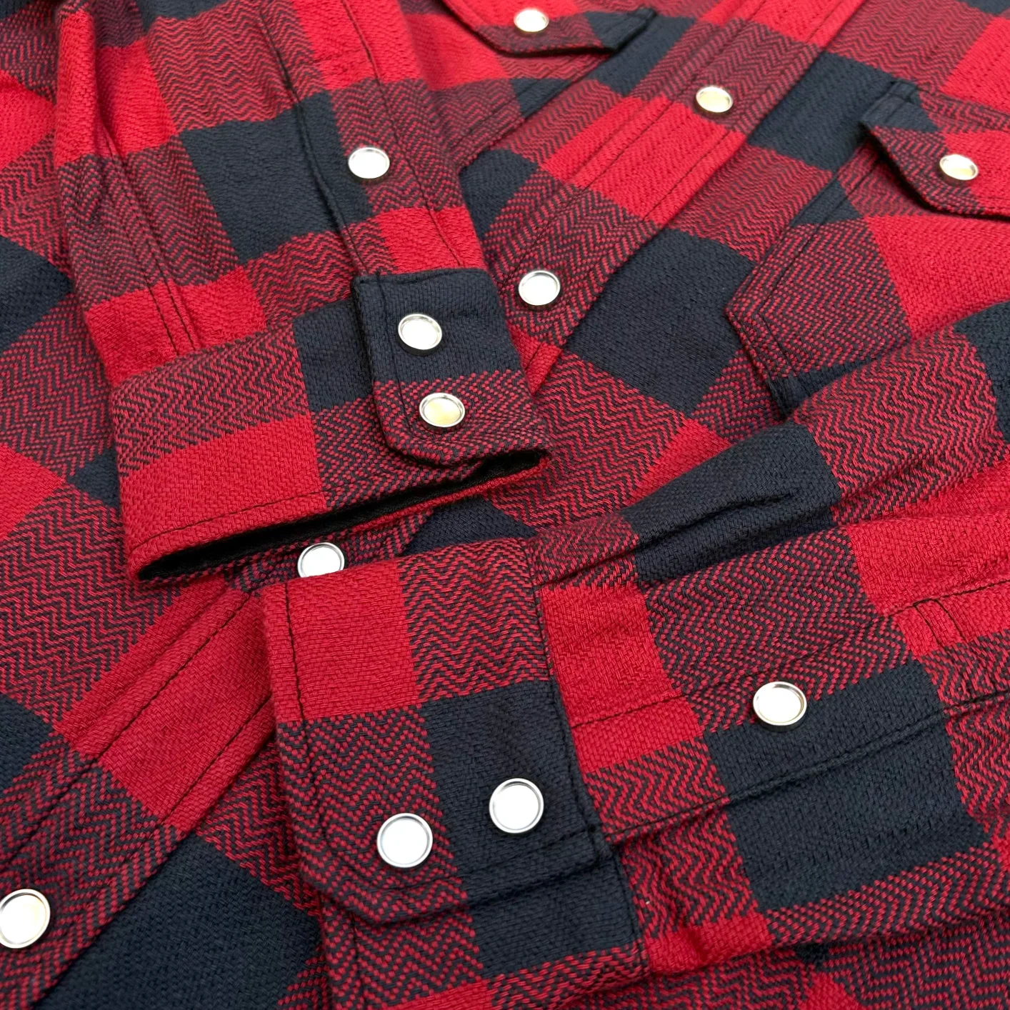 The Flat Head Block Check Selvedge Flannel Western Shirt – Red / Black Herringbone - Image 3