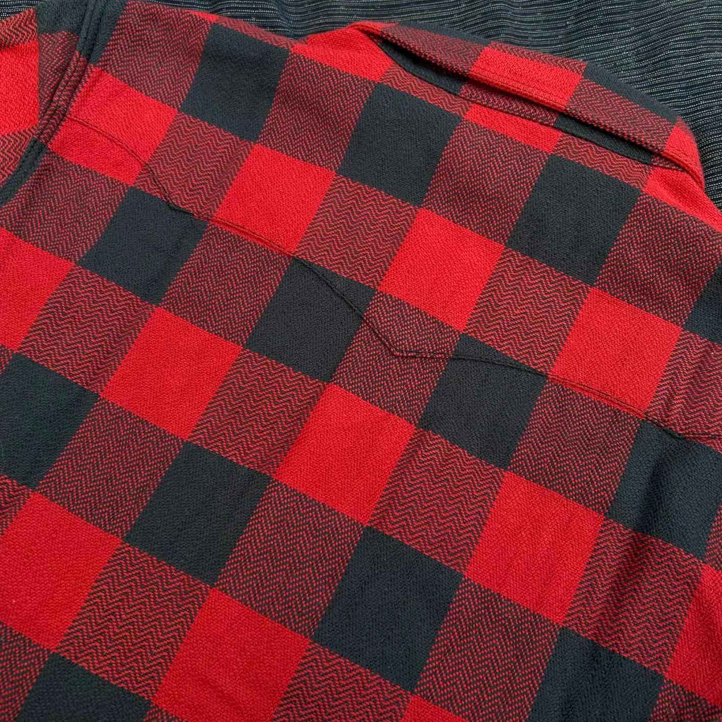 The Flat Head Block Check Selvedge Flannel Western Shirt – Red / Black Herringbone - Image 5