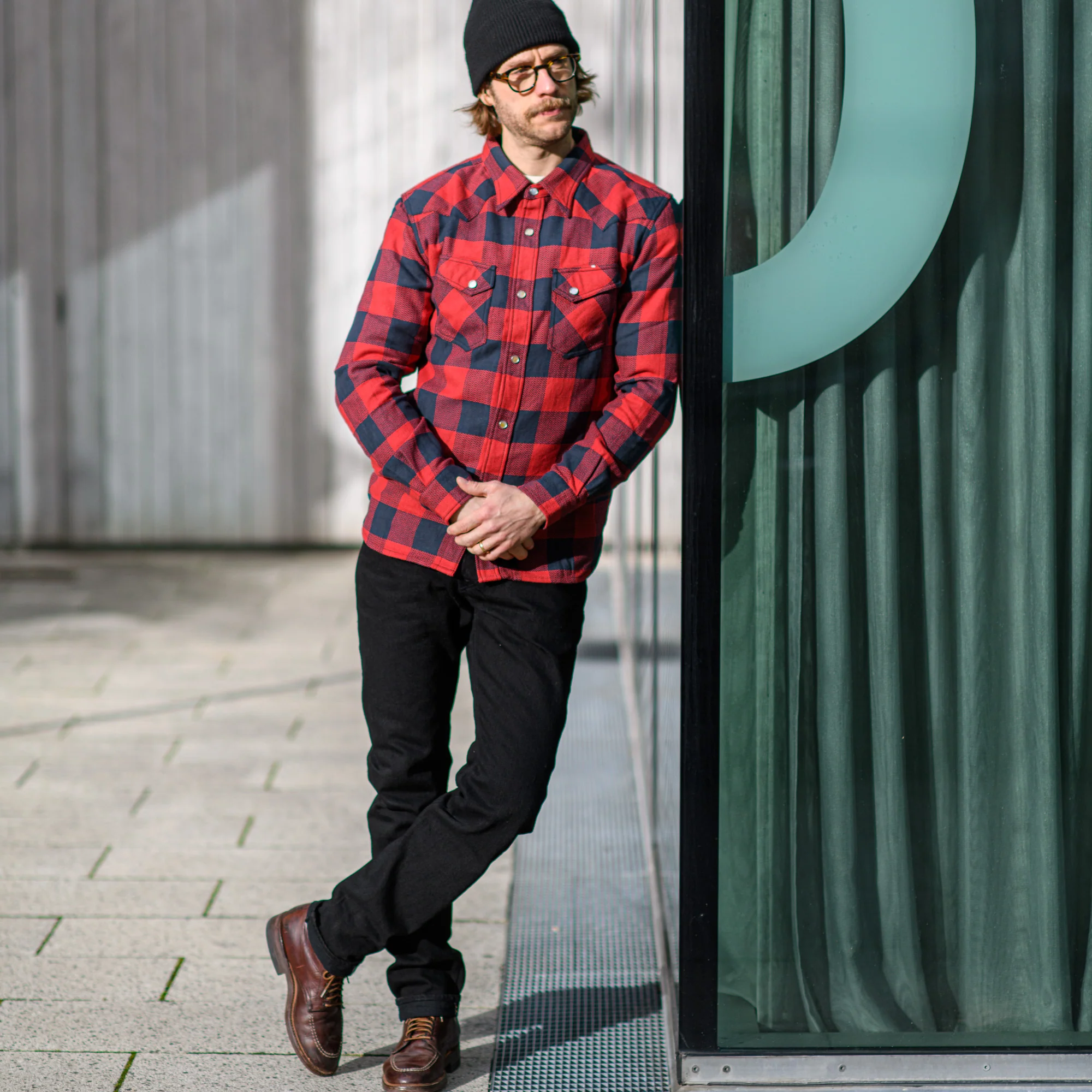 The Flat Head Block Check Selvedge Flannel Western Shirt – Red / Black Herringbone - Image 6