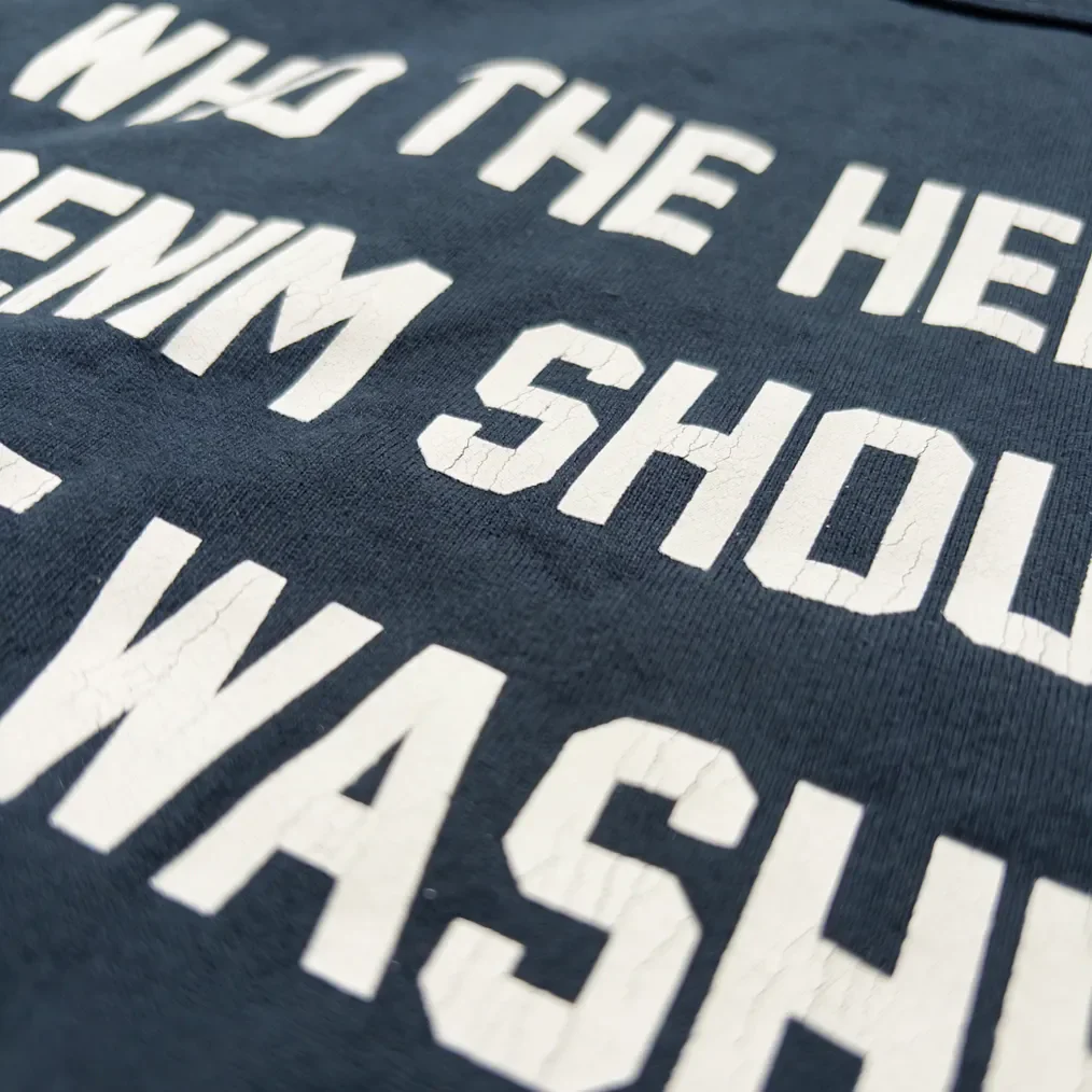 Fullcount 5222 8.4oz Flat Seam ‘Who The Hell Said Denim Shouldn’t Be Washed!’ T-Shirt – Ink Black / Loopwheeled - Image 4
