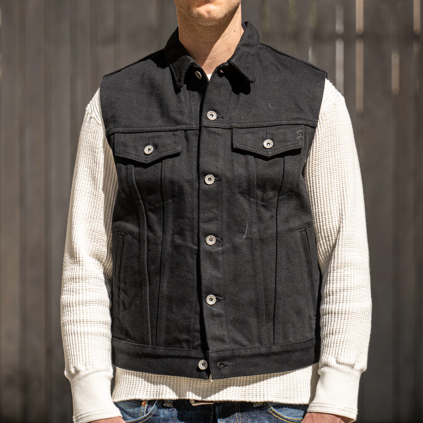 Iron Heart 21oz Non-Fade ‘Sonny’ Denim Type III Vest – Superblack / IH-9526V