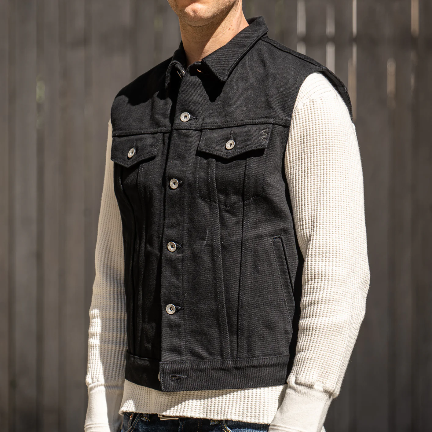 Iron Heart 21oz Non-Fade ‘Sonny’ Denim Type III Vest – Superblack / IH-9526V - Image 4