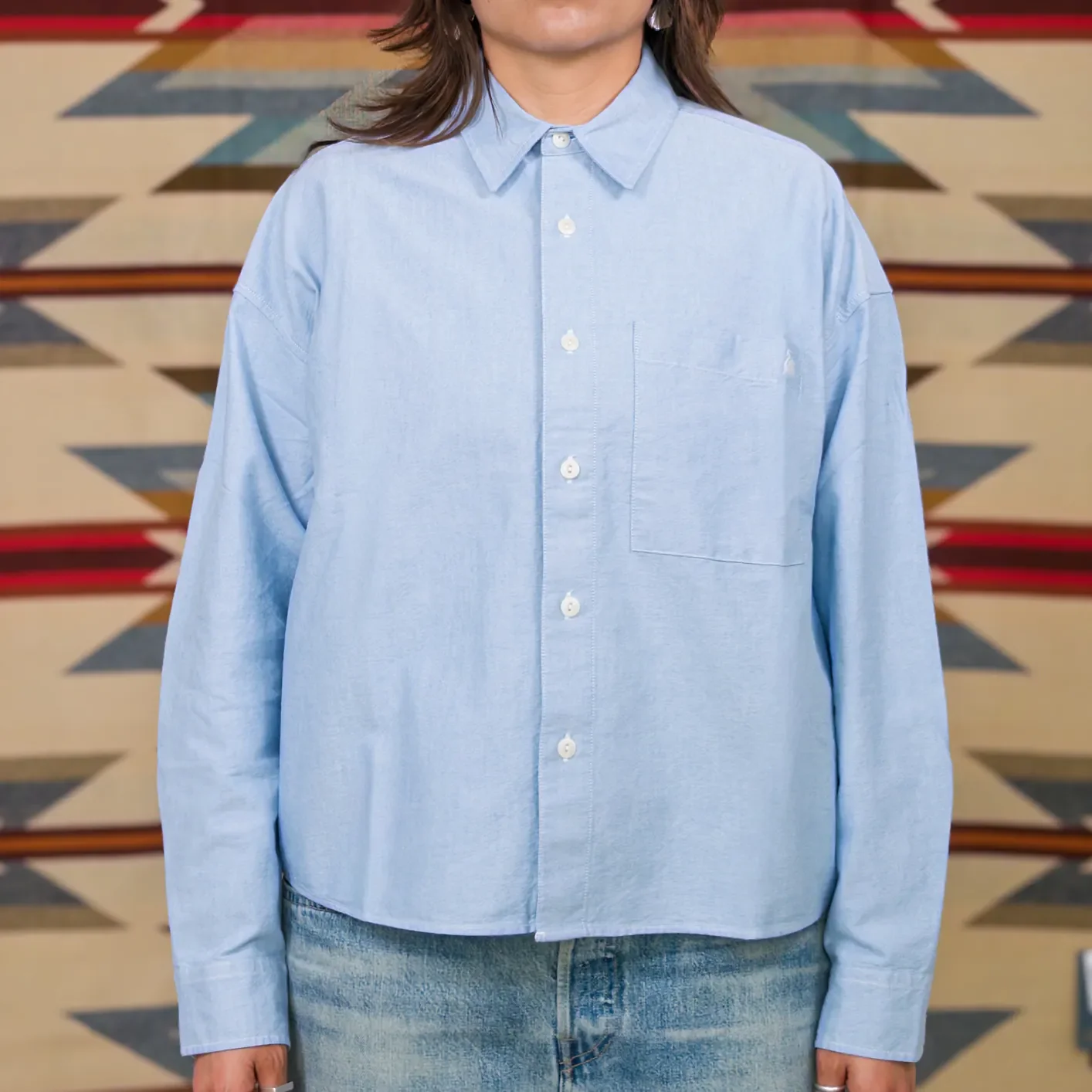 Merz b. Schwanen Women 5.3oz Cropped Boxy Oxford Shirt – Lightblue