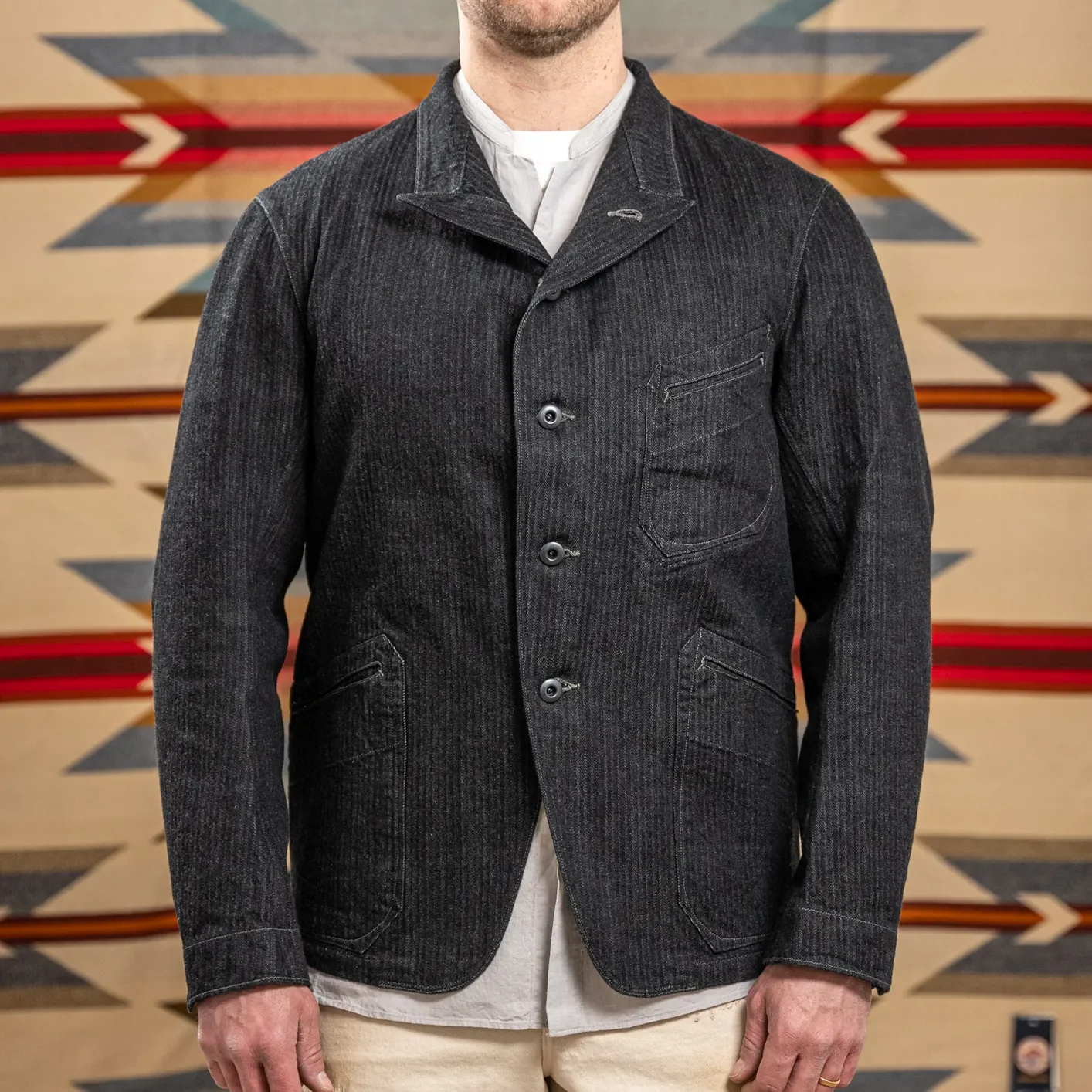 MotivMfg Peak Lapel Herringbone Denim Lounge Jacket – Black