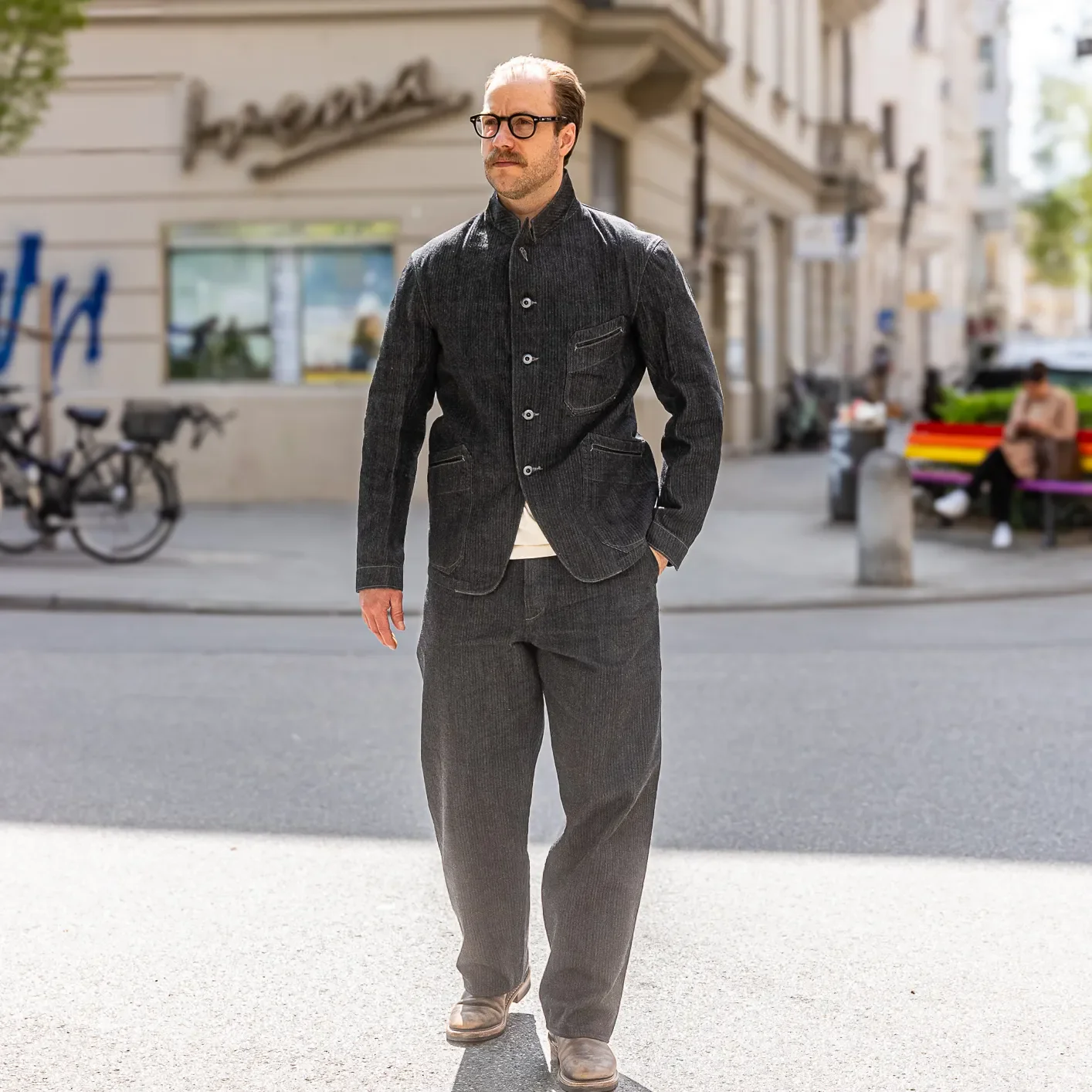 MotivMfg Peak Lapel Herringbone Denim Lounge Jacket – Black - Image 11