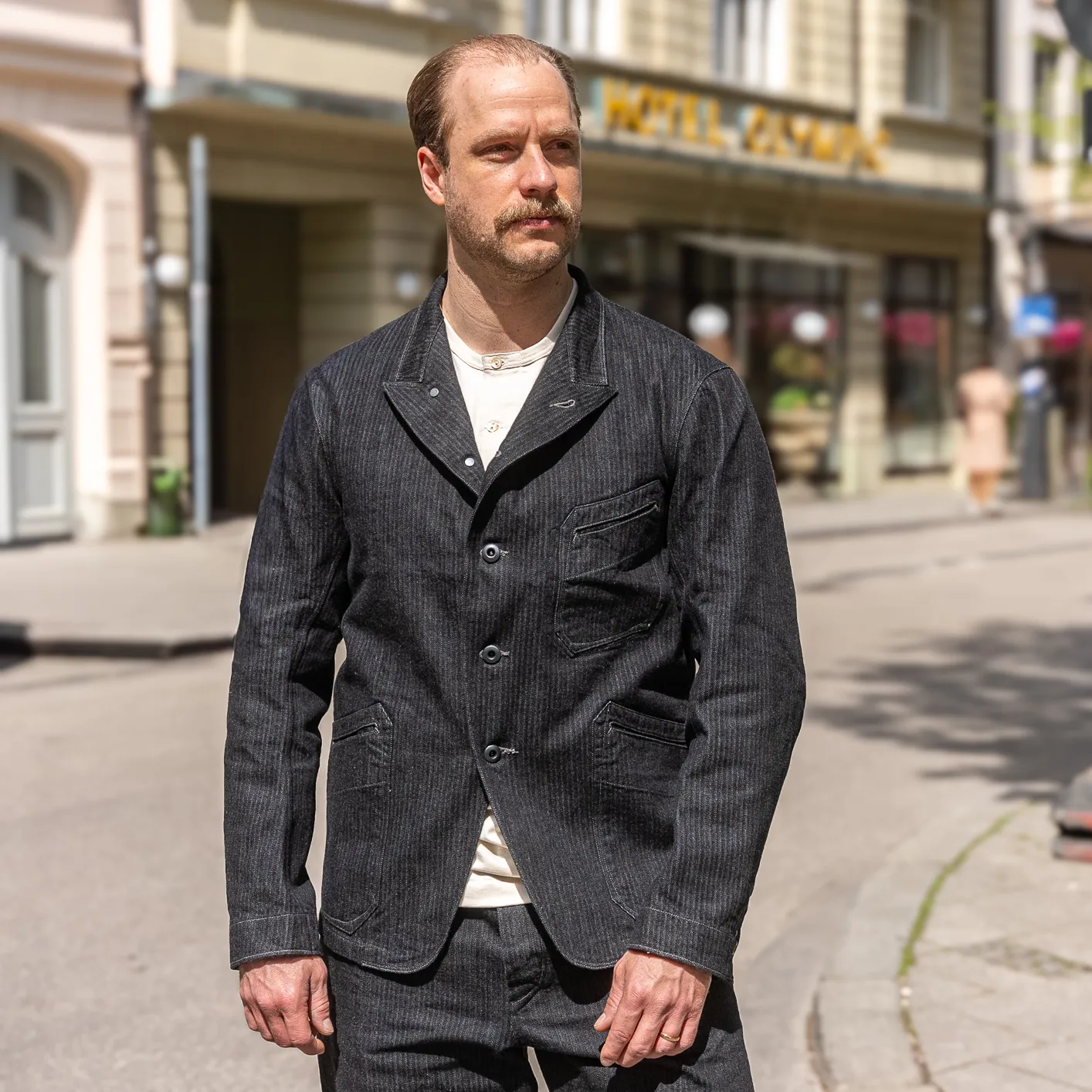 MotivMfg Peak Lapel Herringbone Denim Lounge Jacket – Black - Image 9