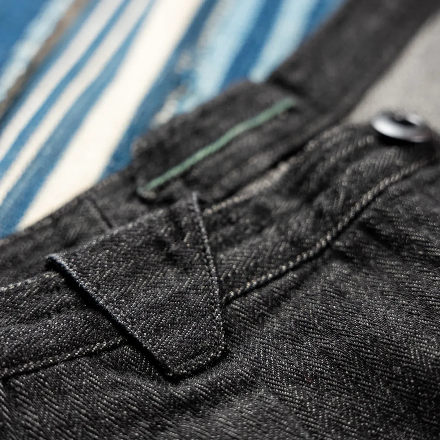 MotivMfg Pleat Herringbone Denim Trousers - Black / Classic Straight - Image 5