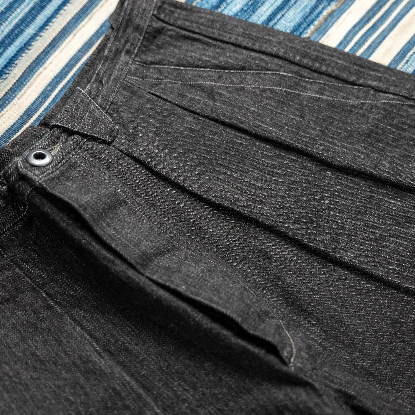 MotivMfg Pleat Herringbone Denim Trousers - Black / Classic Straight - Image 6