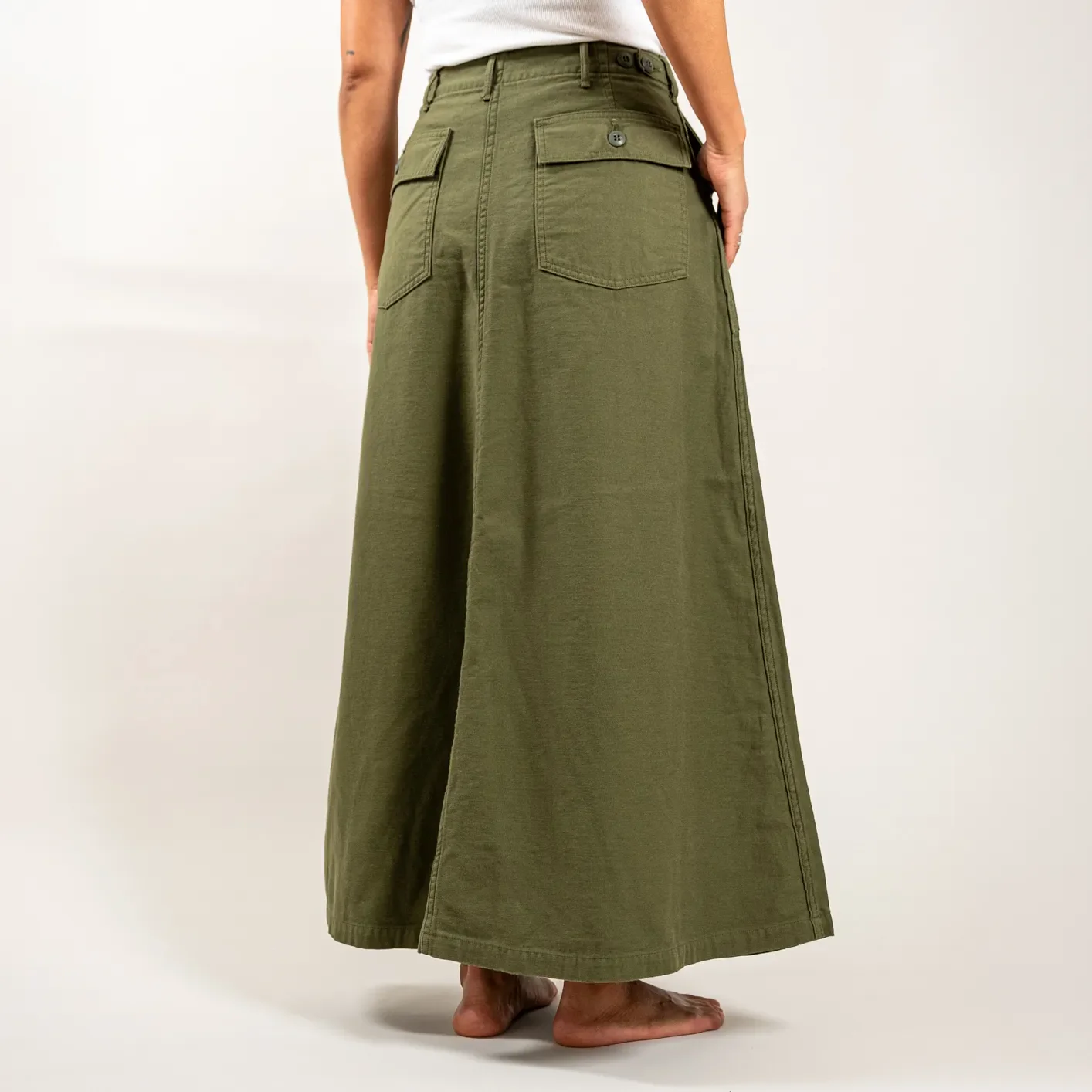 OrSlow Women Back Sateen Fatigue Skirt – Dark Olive / A-Line - Image 3