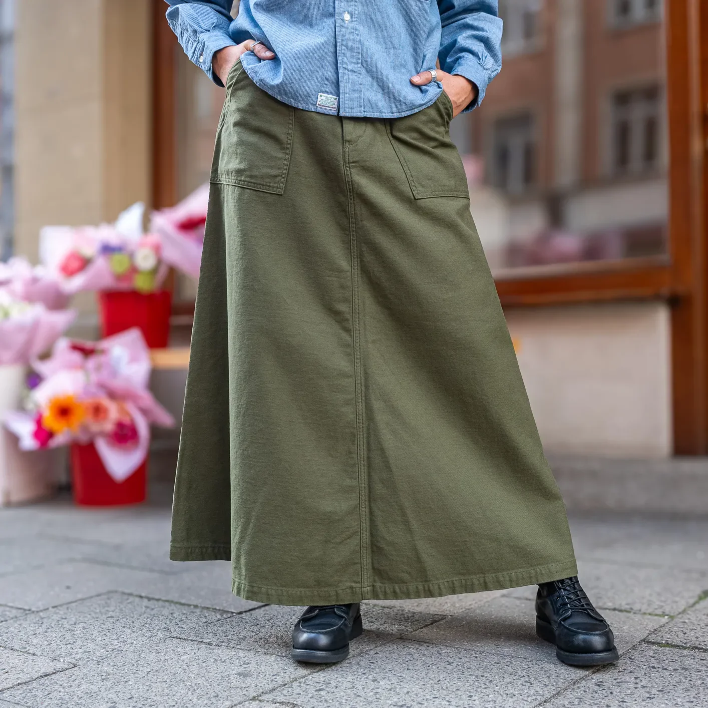 OrSlow Women Back Sateen Fatigue Skirt – Dark Olive / A-Line - Image 7