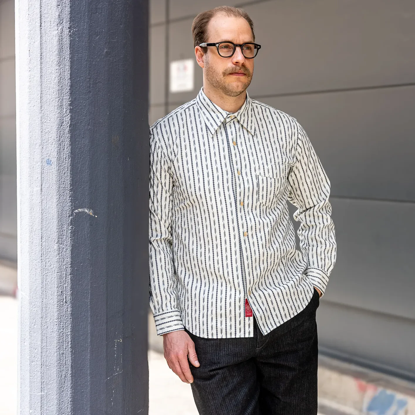 Prequel 7oz ‘Long Point’ Jacquard Shirt – Natural / Navy - Image 12