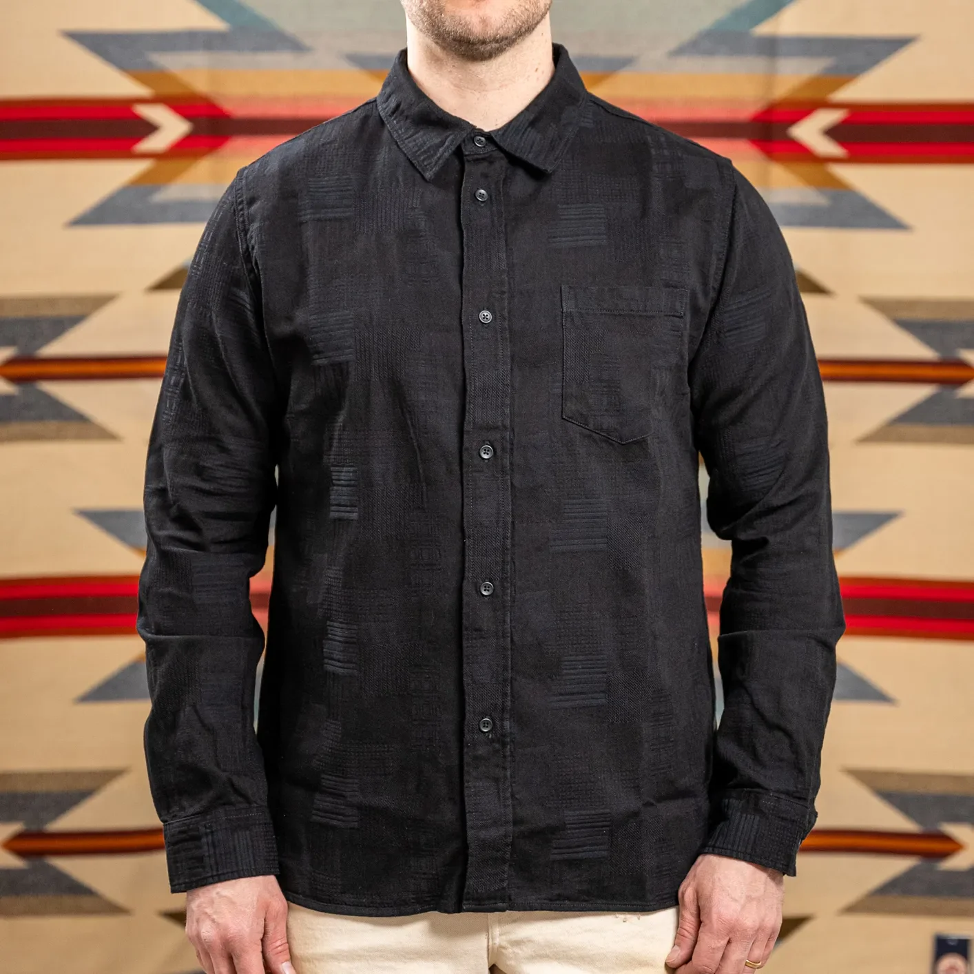 Pure Blue Japan 2239 Boro Patchwork Jacquard Shirt – Double Black
