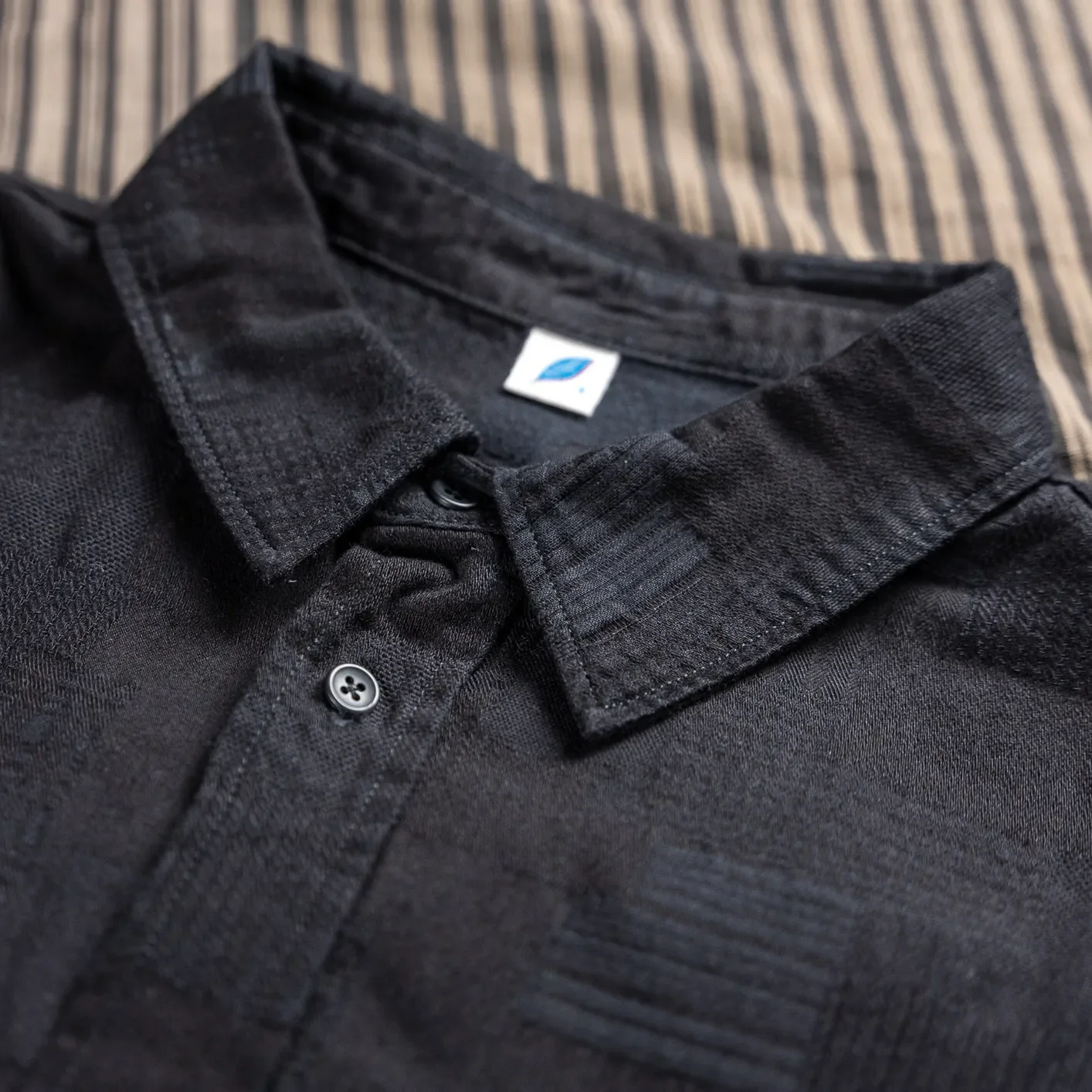 Pure Blue Japan 2239 Boro Patchwork Jacquard Shirt – Double Black - Image 2
