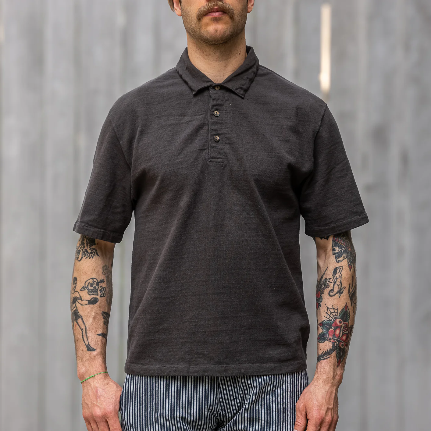 Samurai Jeans 16oz ‘Japanese Cotton’ Slub Yarn Polo Shirt – Kuromame / Black Beans Dyed - Image 5