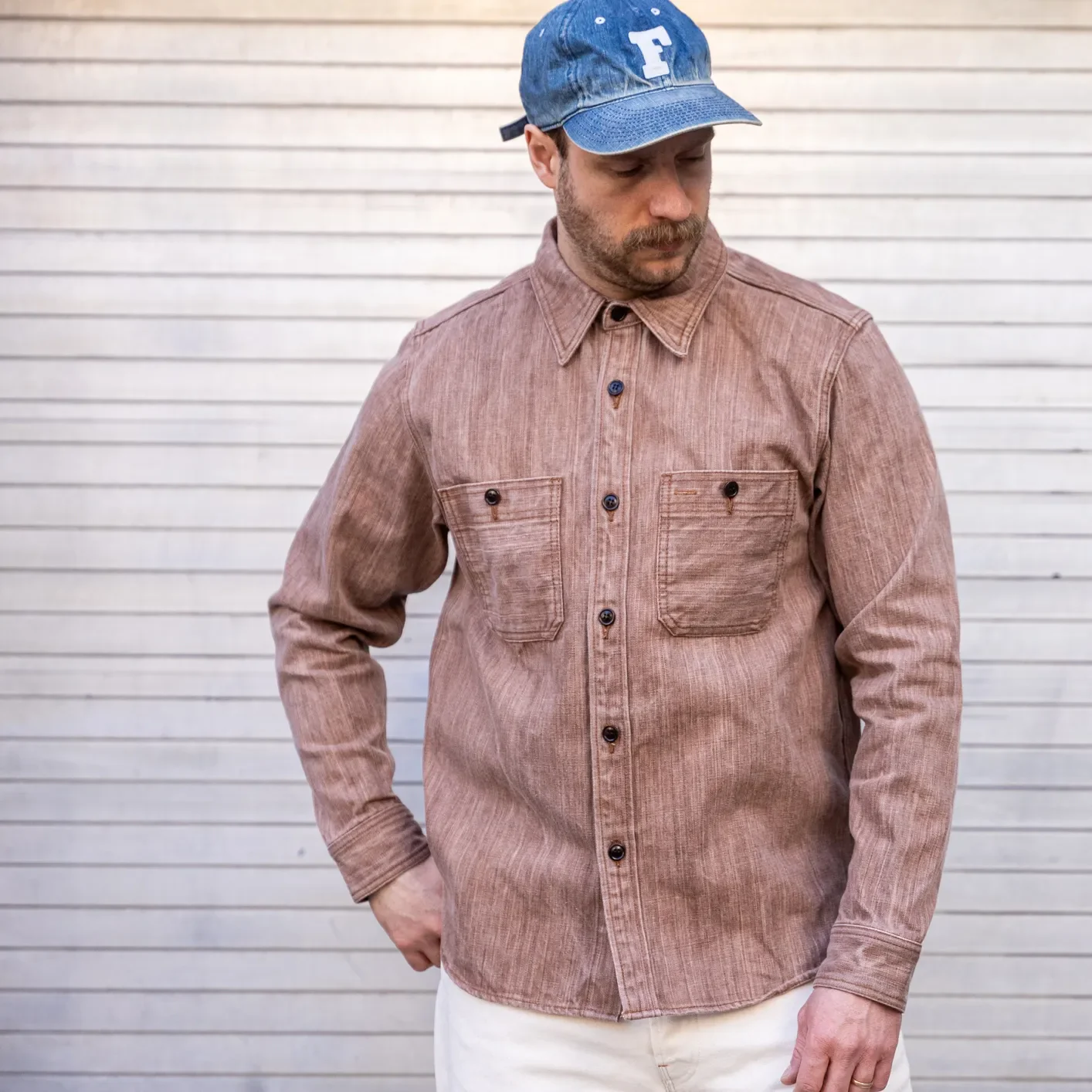Studio D’Artisan D5732 13oz ‘Kakishibu’ Denim Work Shirt – Khaki - Image 6