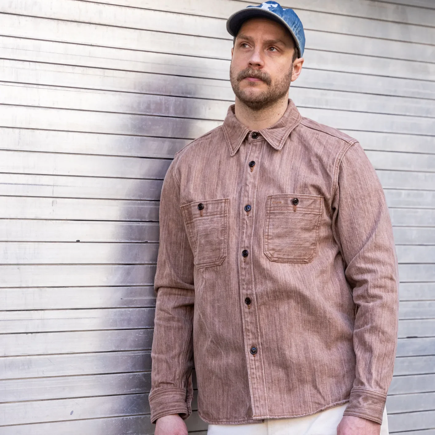 Studio D’Artisan D5732 13oz ‘Kakishibu’ Denim Work Shirt – Khaki - Image 7