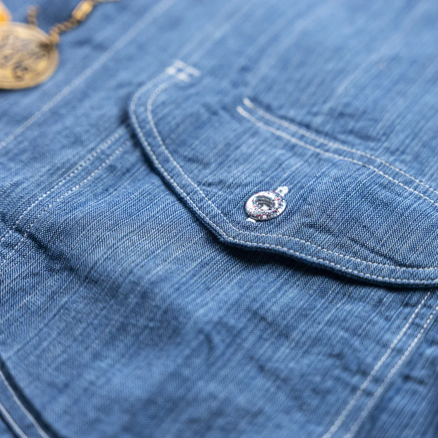 Sugar Cane ‘Fiction Romance’ 5oz Selvedge Cambray Work Shirt - Indigo Dyed / Random Stripe - Image 3