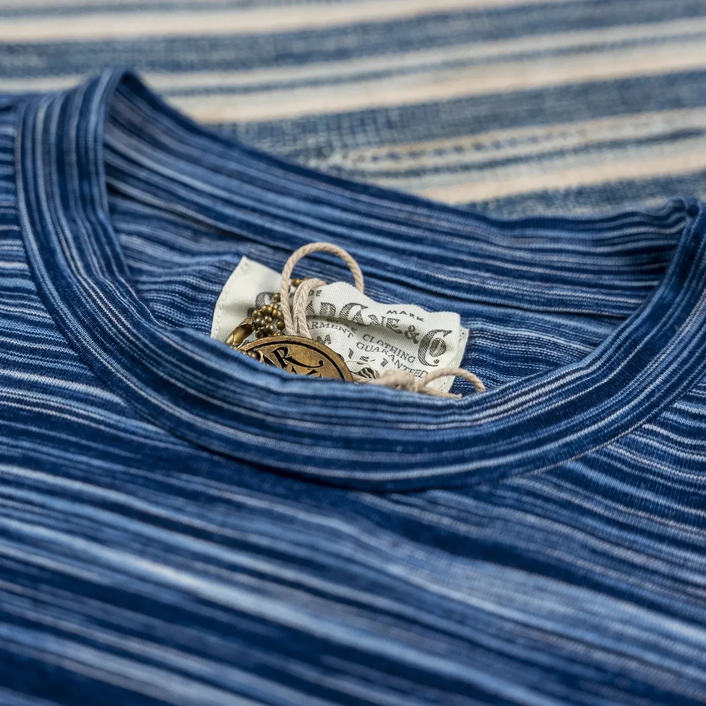 Sugar Cane ‘Fiction Romance’ Indigo Border Pocket T-Shirt - Indigo Skein Dyed - Image 2