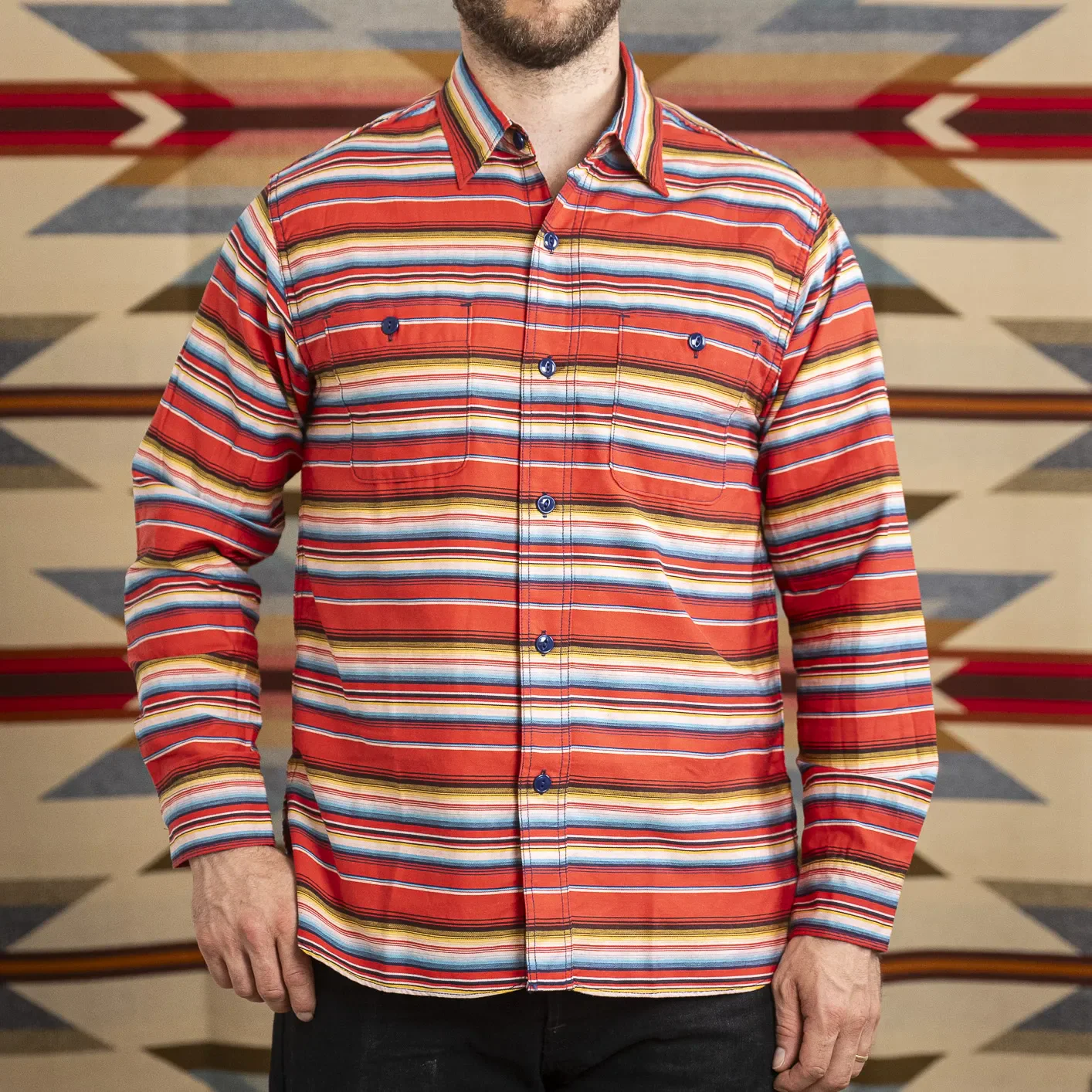 Sugar Cane Native American Serape Border Work Shirt - Red