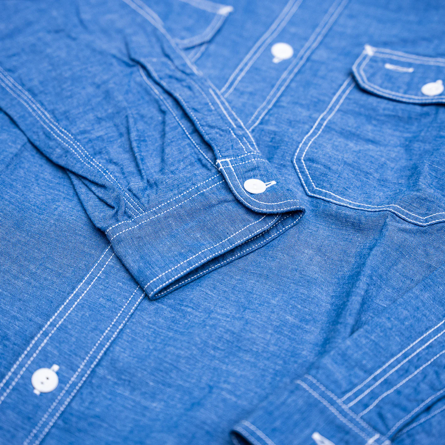 Sugar Cane Vat Dye Selvedge Chambray Work Shirt – Blue - Image 3