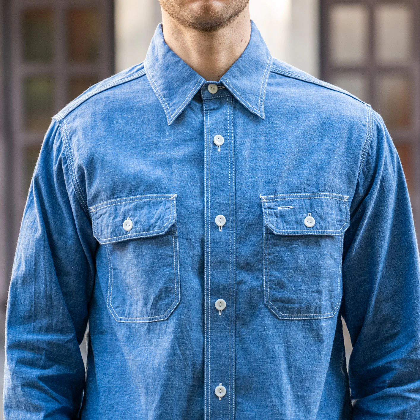 Sugar Cane Vat Dye Selvedge Chambray Work Shirt – Blue - Image 5