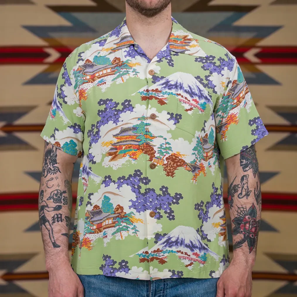 Sun Surf ‘Ancient Capital’ Rayon Crepe Hawaiian Shirt – Green - Image 7