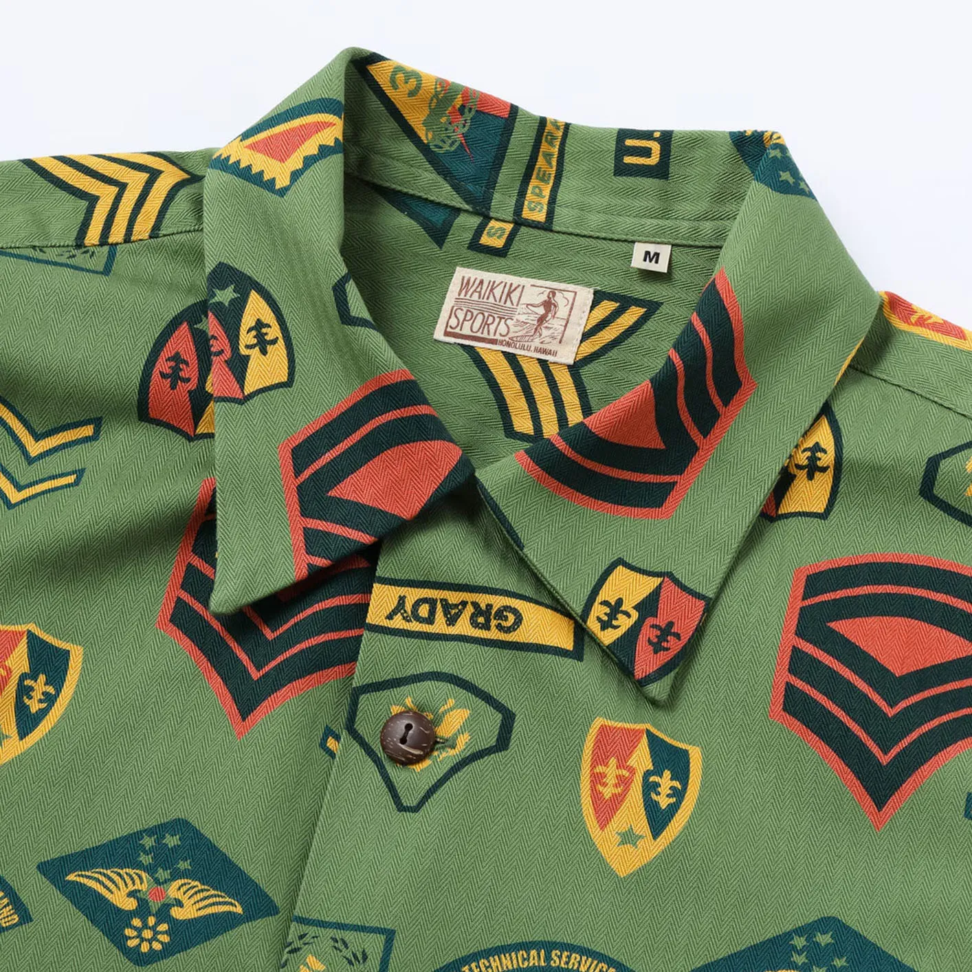 Sun Surf ‘Insignia of Army’ Herringbone Hawaiian Shirt – Olive - Image 2