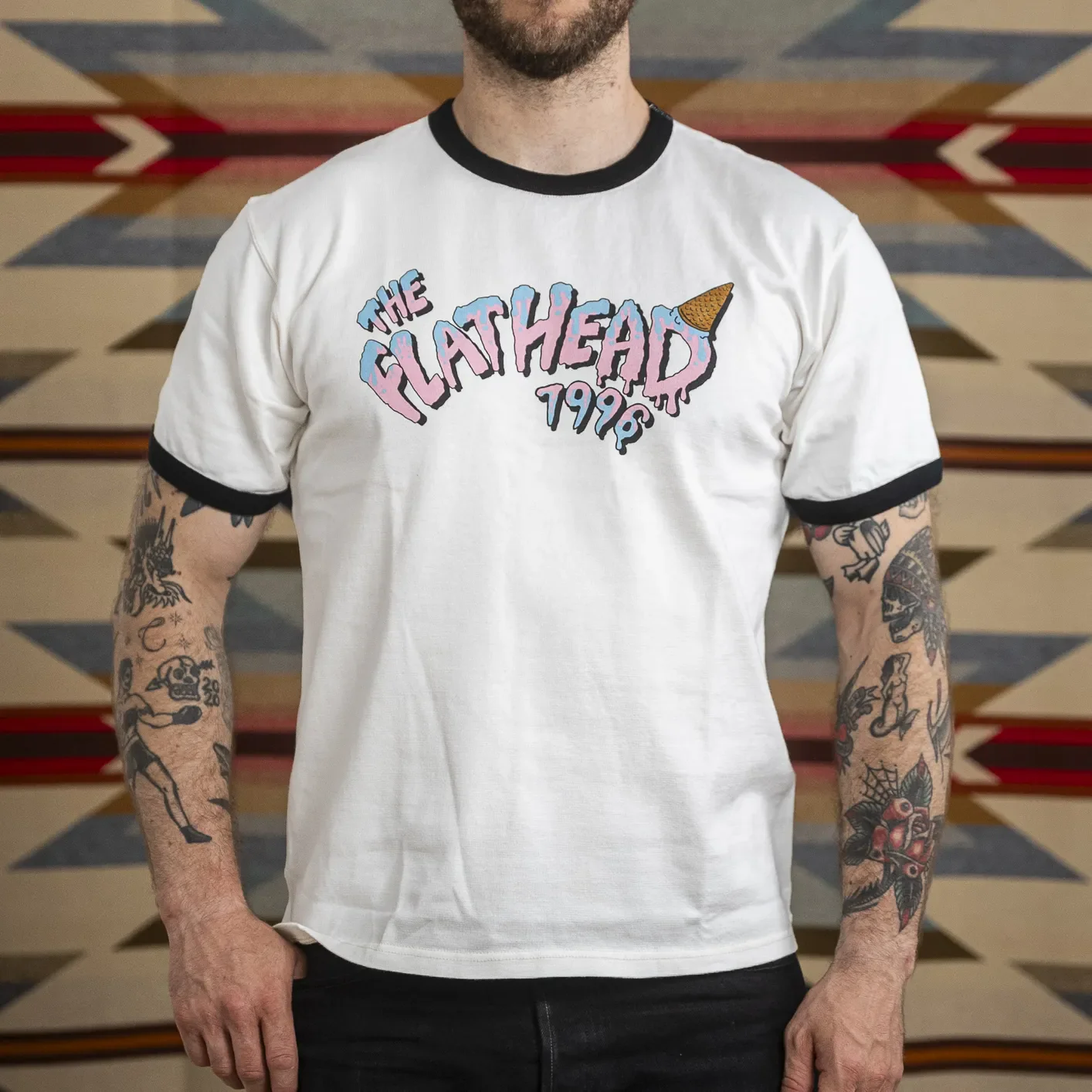 The Flat Head 10.8oz ‘Ice Cream’ Loopwheeled Ringer T-Shirt - White