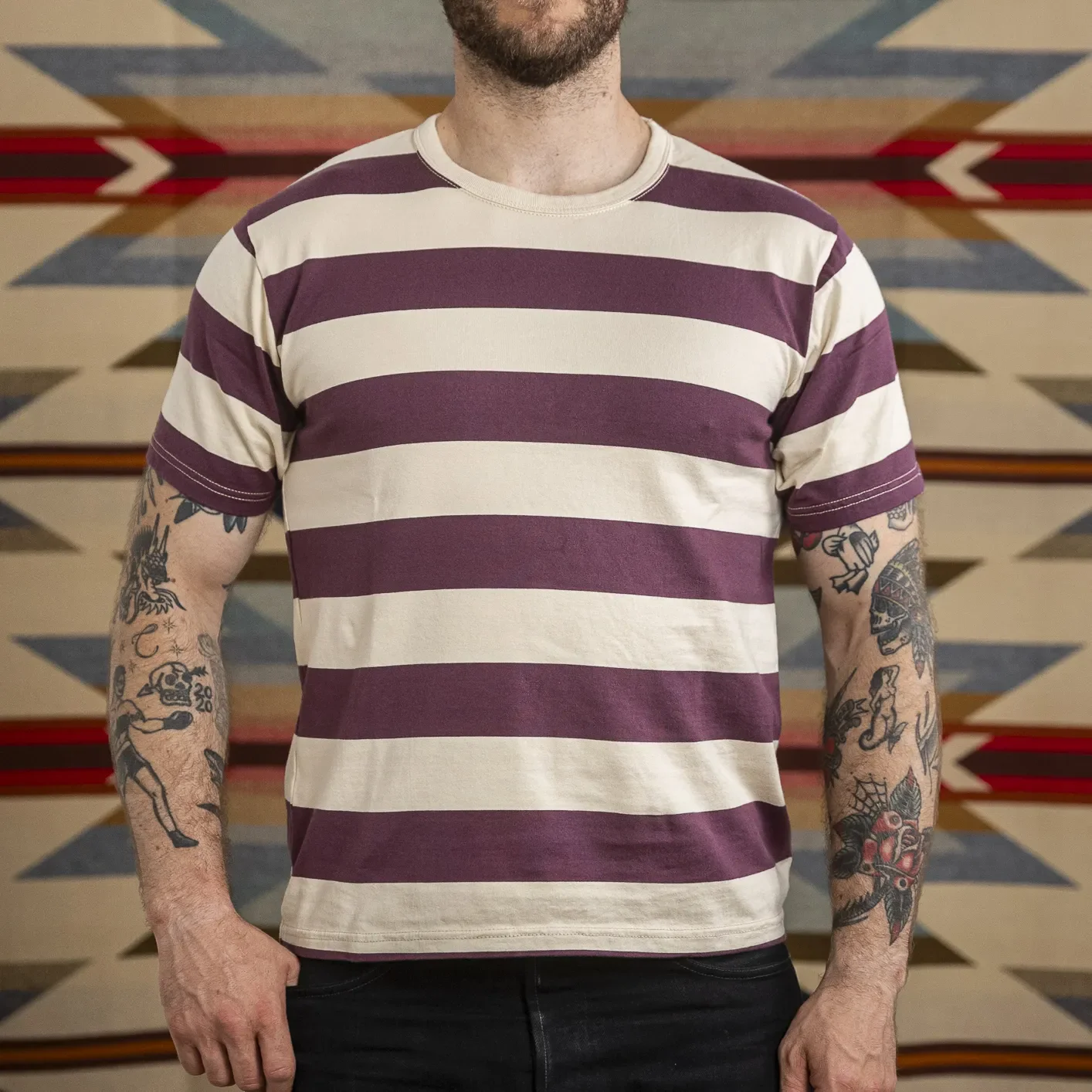 The Flat Head 9.5oz Border T-Shirt - Ivory / Purple