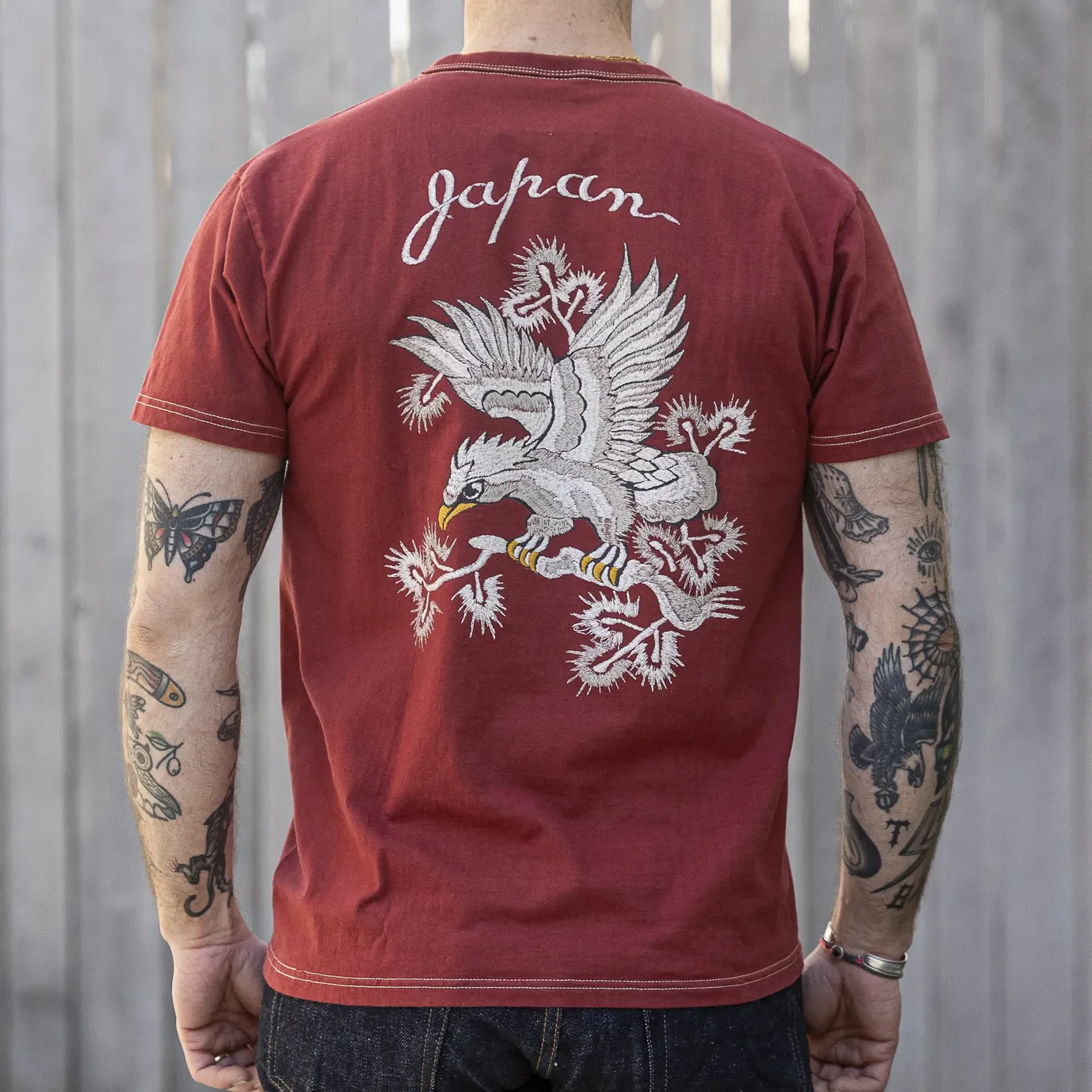 The Flat Head ‘Eagle’ 9.7oz Loopwheeled T-Shirt – Dusk Red / Foam Print