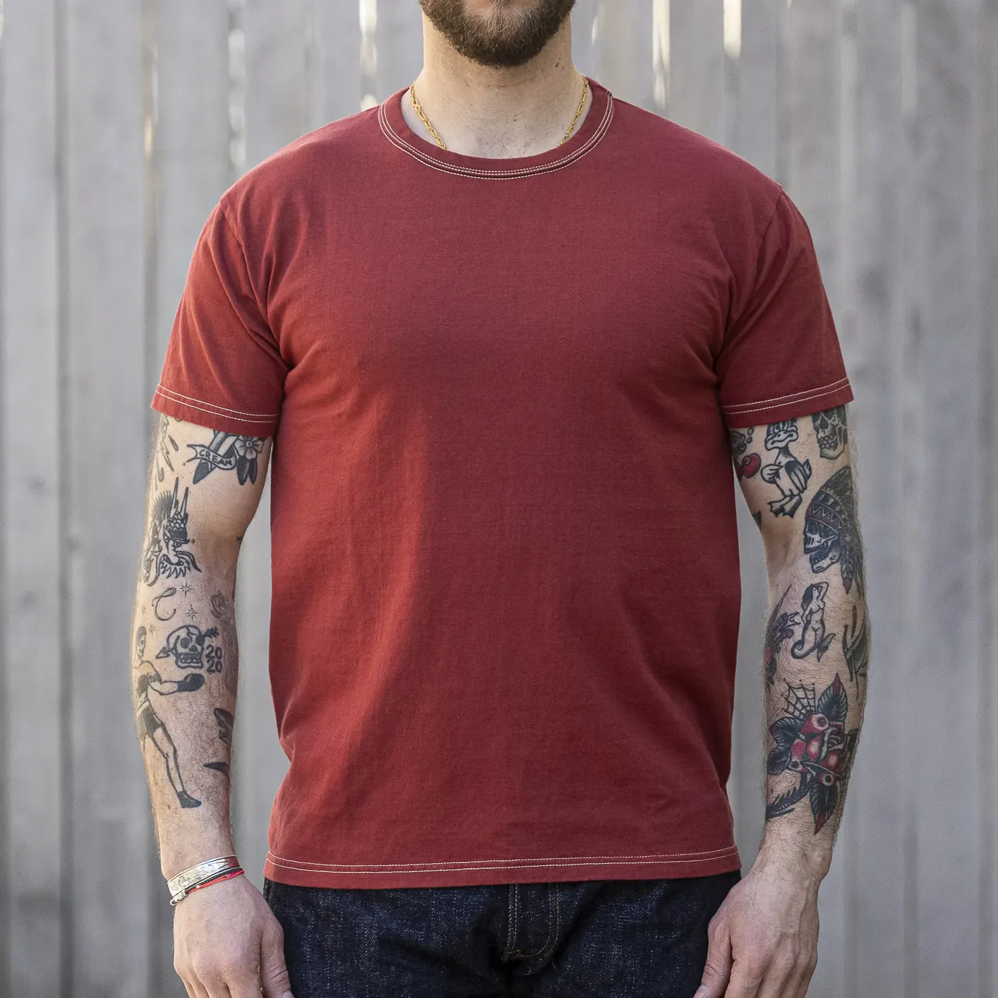 The Flat Head ‘Eagle’ 9.7oz Loopwheeled T-Shirt – Dusk Red / Foam Print - Image 3