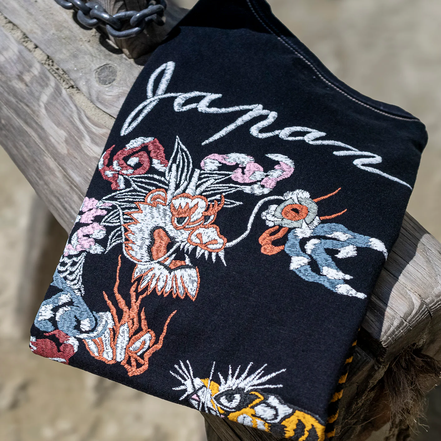The Flat Head ‘Tiger & Dragon’ 9.7oz Loopwheeled T-Shirt – Black / Foam Print - Image 5