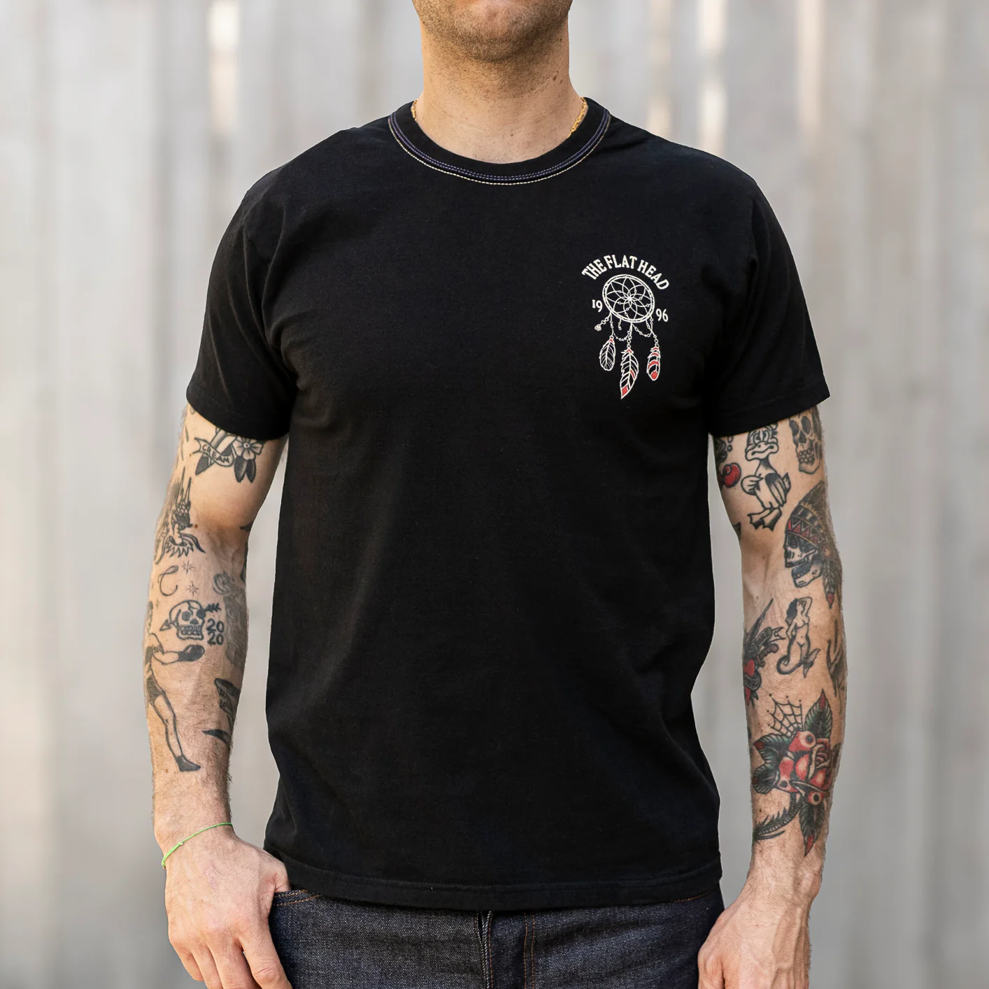 The Flat Head ‘War Bonnet’ 9.7oz Loopwheeled T-Shirt – Black - Image 2